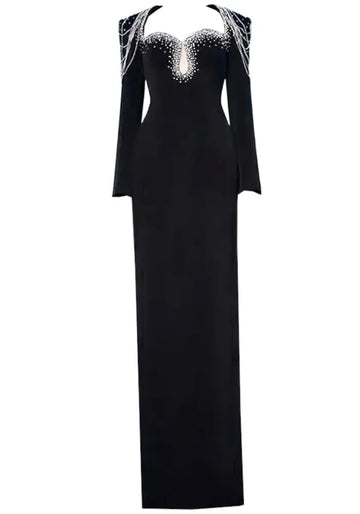 Long Sleeve Embellished Shoulders Maxi Dress Black