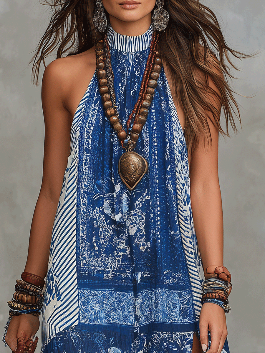 Boho Bliss Chic Slit Blue Floral Maxi Dress