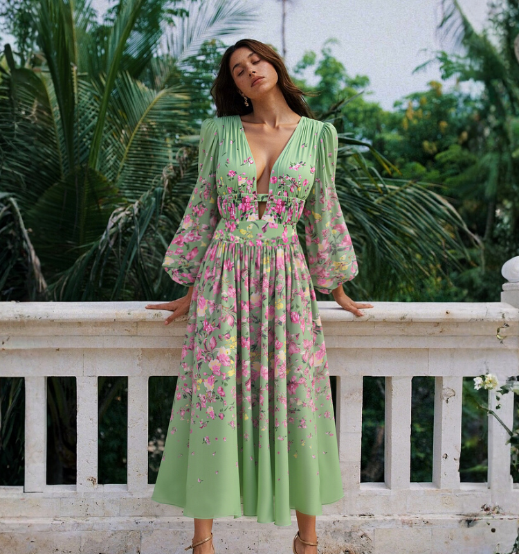 Long Sleeve Floral One Piece Swimsuit and Skirt