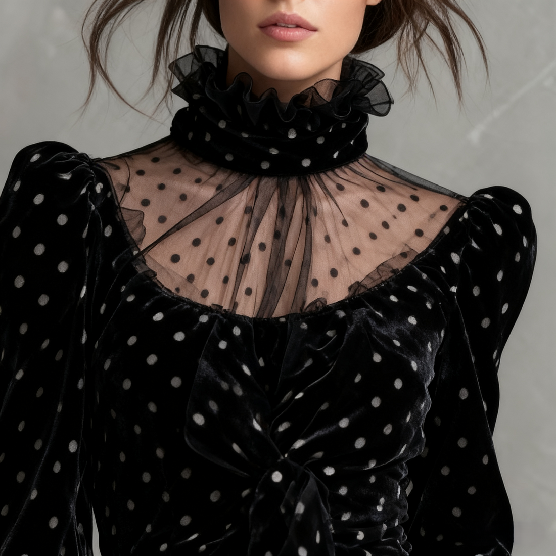 Velvet Polka Dot Sheer Panel Maxi Dress