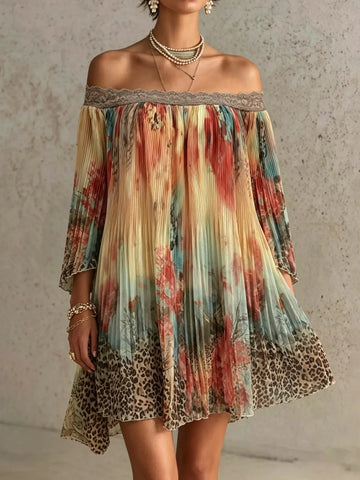 Vintage Floral Print Pleated Lace Off-shoulder Mini Dress