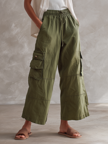 Women’s Olive Green Elastic Waist Drawstring Cargo Pants With Multi Pockets MDZ2779D1T