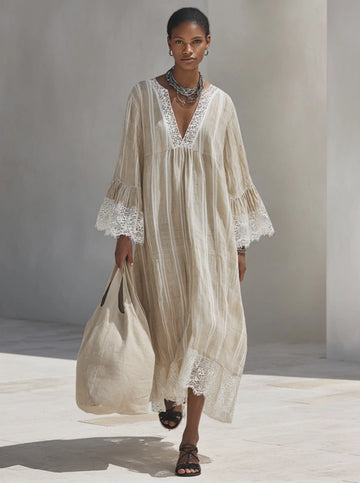 Women's Minimalist Beige Vertical-Stripe Maxi Dress With White Lace Trim And Flared Long Sleeves MDZ1745F9ZRK