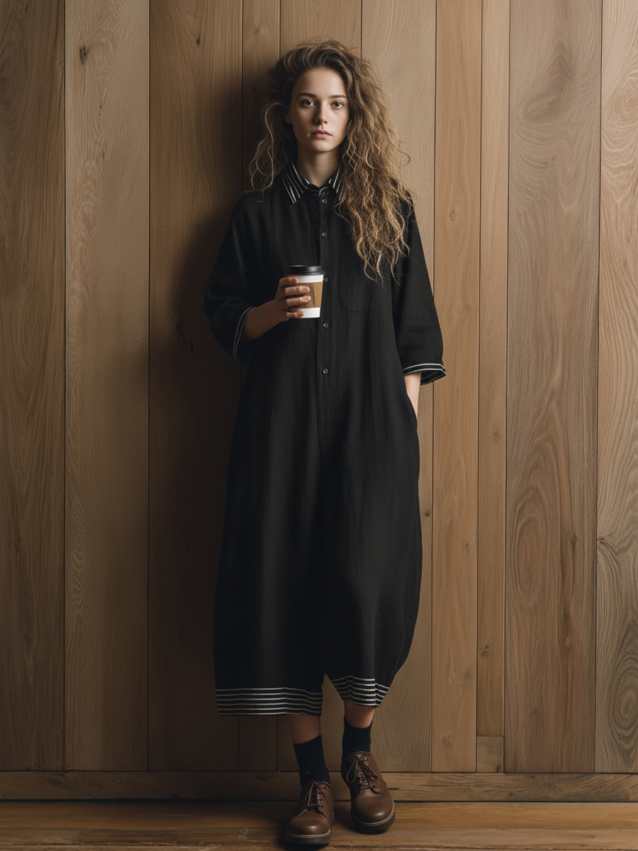 Women's Casual Style Black Cotton And Linen Striped Collared Short-Sleeved Capri Jumpsuit MDZ2052D2GMJ