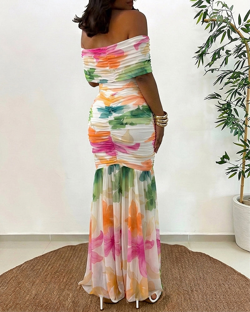 Women's Foldover Off-Shoulder Floral Mermaid Dress Mesh Ruched Maxi Gown with Detachable Clear Straps