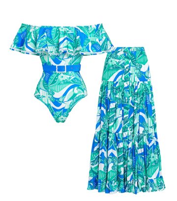 Off Shoulder Ruffled Printed One Piece Swimsuit and Skirt