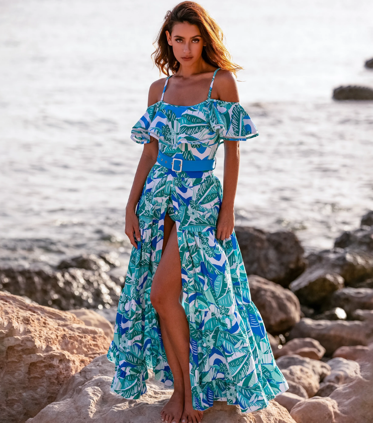 Off Shoulder Ruffled Printed One Piece Swimsuit and Skirt