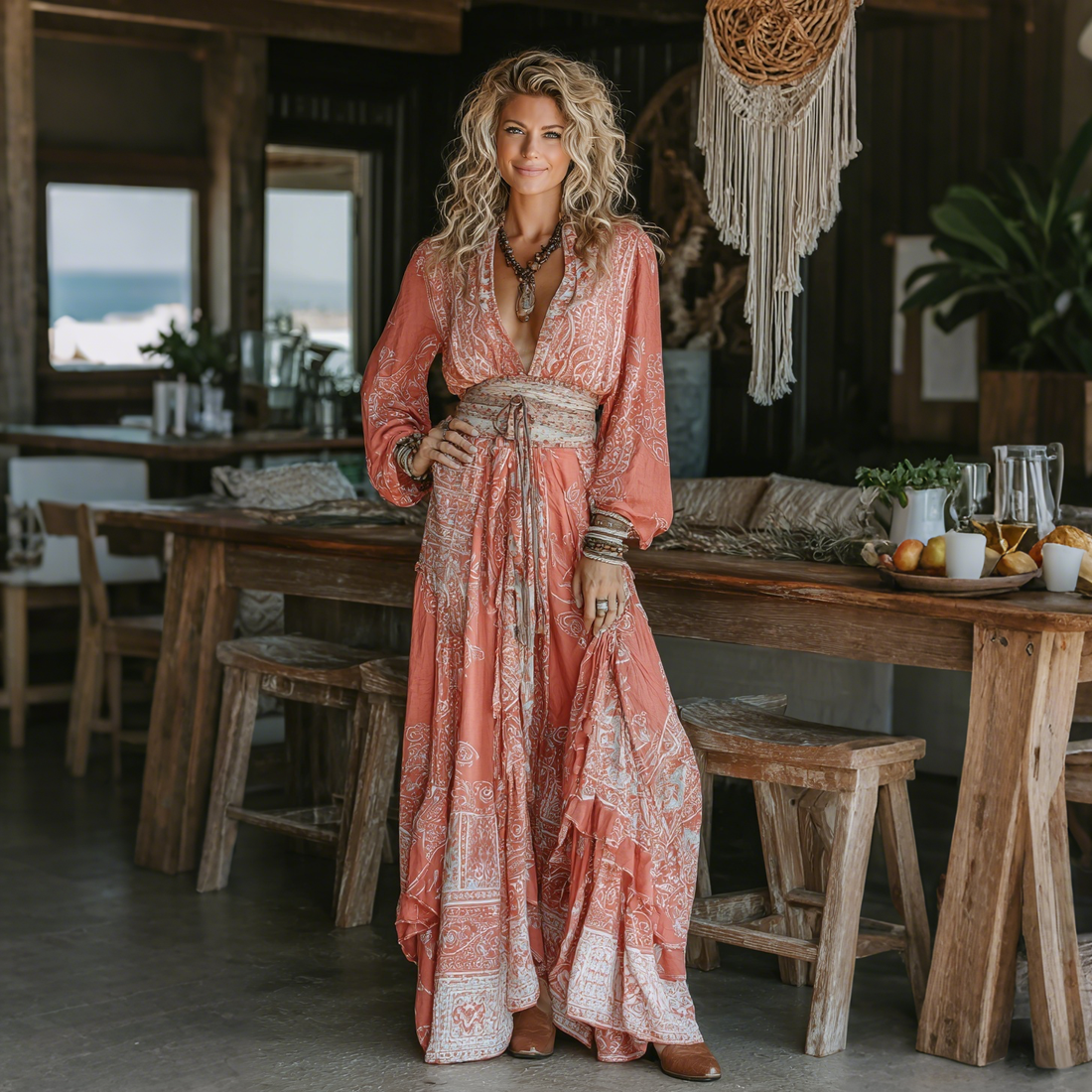 Elegant Paisley Print Long Sleeve Maxi Dress