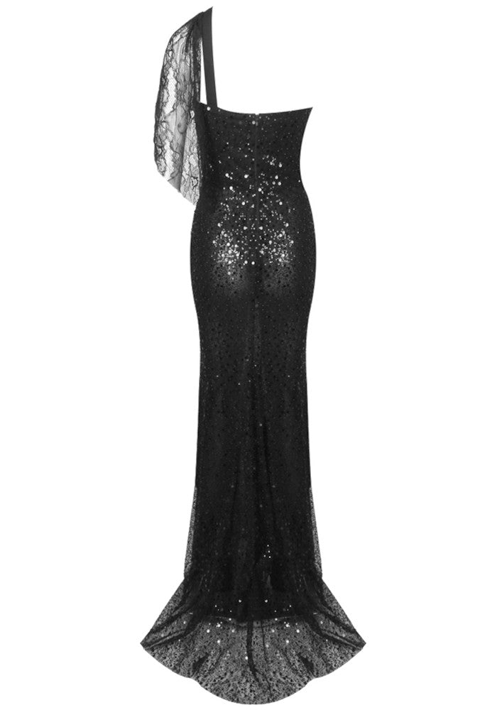 One Shoulder Crystal Floral Sequin Maxi Dress Black