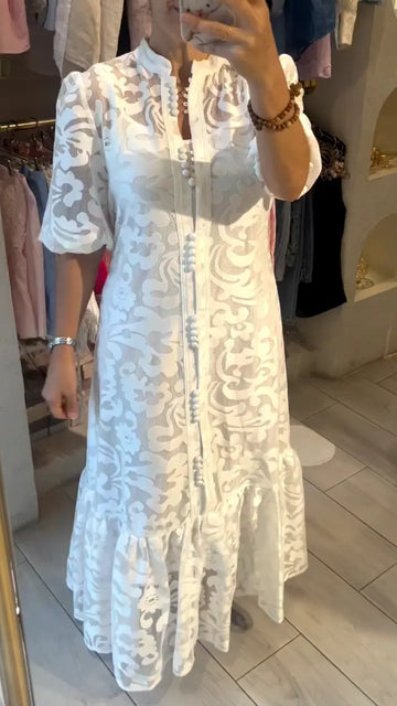 White Lace Button-Front Midi Dress