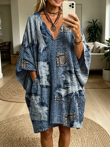 Women's Retro Textured Art Print Batwing Sleeve Casual Fashion Dress
