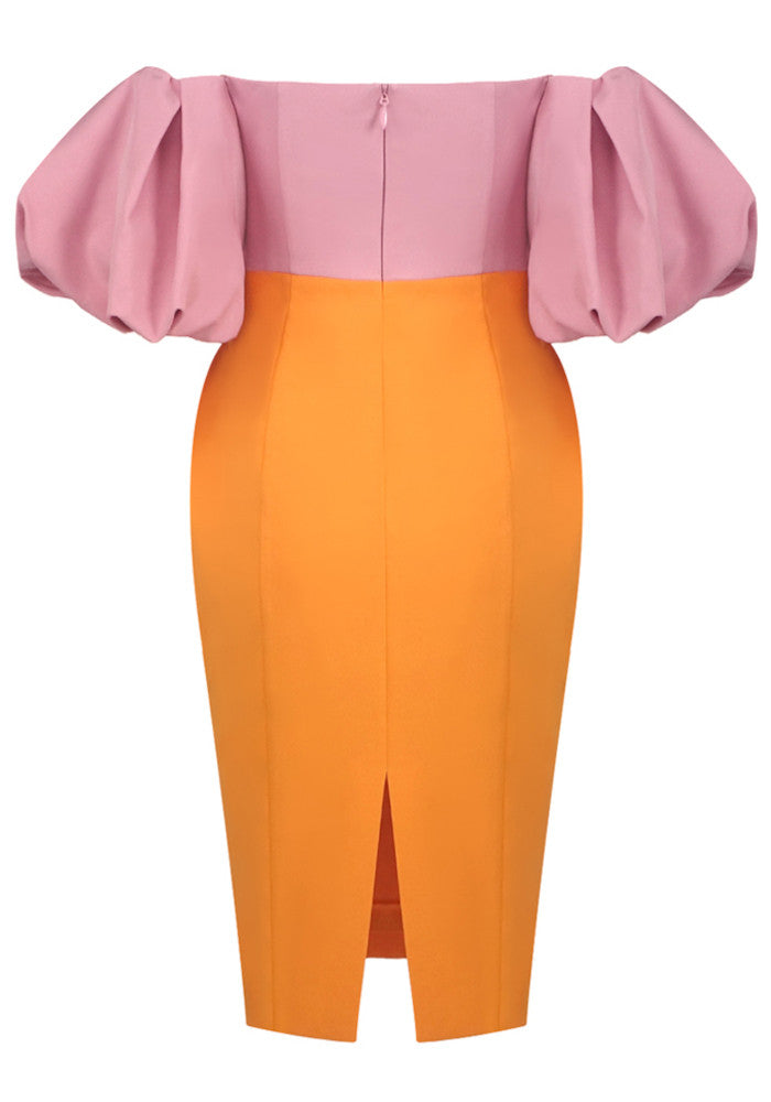 Puff Sleeve Bardot Midi Dress Pink Orange