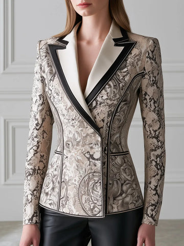 Ornate Snake Print Contrast-Lapel Tailored Blazer