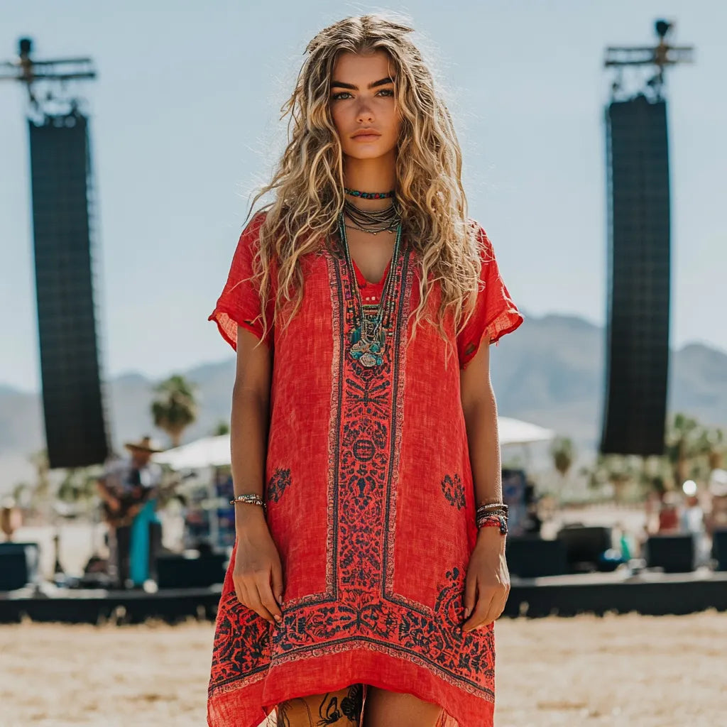 Music Festival Rock Party Carnival Vintage Wasteland Style Ethnic Floral Cotton And Linen Dress