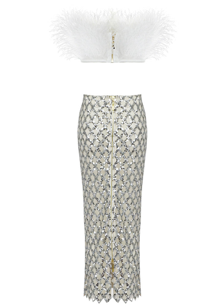 Strapless Feather Midi Two Piece Dress White