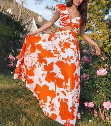 One Shoulder Ruffle Printed One Piece Swimsuit and Skirt