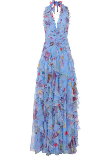 Halter Floral Ruffle Maxi Dress Blue