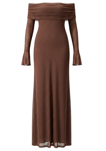 Long Sleeve Sparkly Bardot Maxi Dress Brown