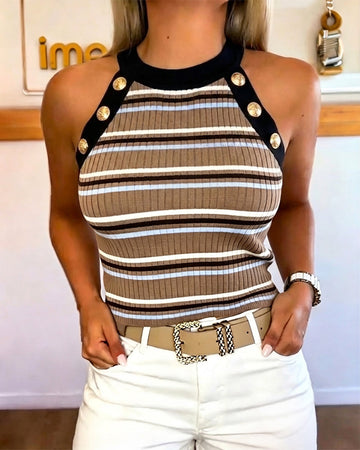 Women's French Retro Striped Halter Top Sleeveless Rib-Knit Tank with Gold Button Accents