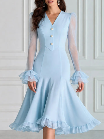 Romantic Sheer Mesh Flounce Sleeve Mermaid Midi Dress