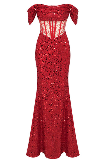 Bardot Draped Corset Sequin Maxi Dress Red