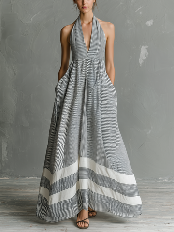 Women's Casual Grey & White Striped Halter-Neck Sleeveless Woven Maxi Dress MDZ0314D2LXY