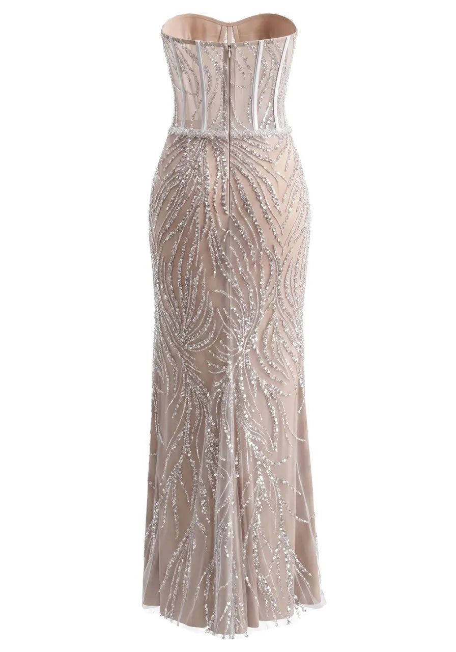 Strapless Pearl Sequin Structured Maxi Dress Nude