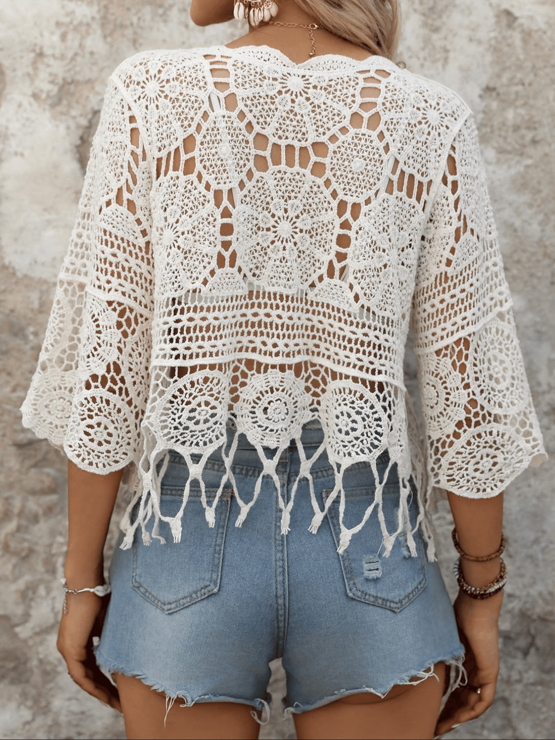 Bohemian Openwork Fan-shaped Trim Three-quarter Sleeve Cover-up Top