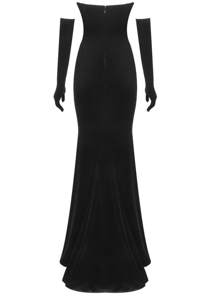 Strapless Gold Applique Maxi Velvet Dress Black