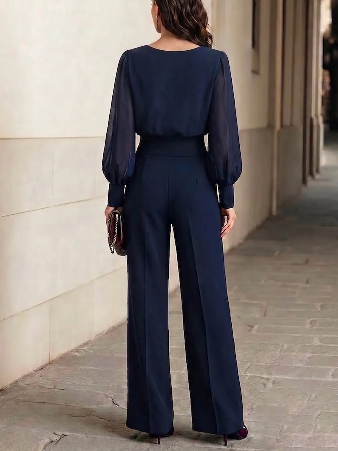 Navy Blue Ruffled Chiffon Top And Wide-leg Pants Two-piece Set