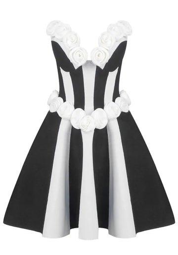 Strapless Floral A Line Dress Black White