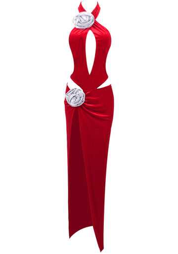 Halter Floral Maxi Velvet Dress Red