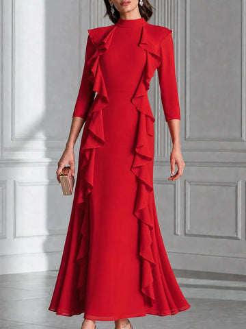 Elegant Ruffle Trim High Neck Fit And Flare Maxi Dress