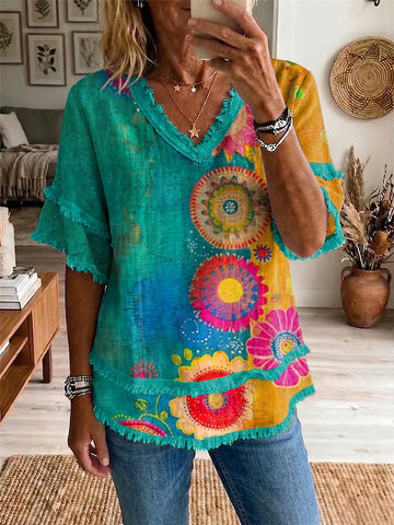 Ethnicity Geometry Totem Colorful Women's Art Casual Patchwork V Collar Shirt