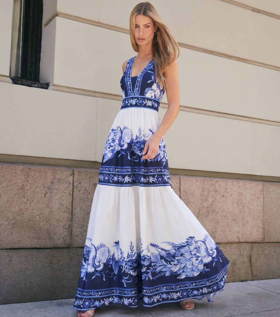 Blue and White Porcelain Print V Neck One Piece Swimsuit and Skirt