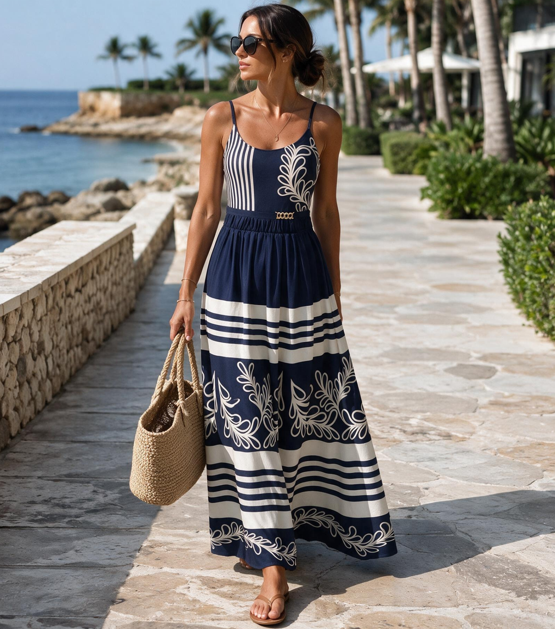 Adjustable Shoulder Straps Printed Navy Blue Swimsuit Set(s)