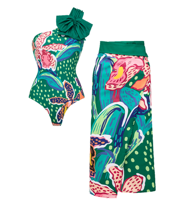 Tropic Printed One Shoulder One Piece Swimsuit and Sarong Flaxmaker