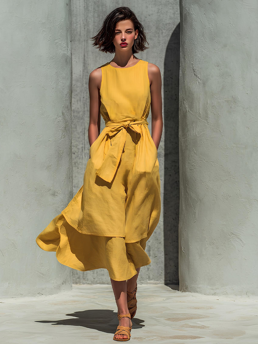 Women’s Yellow Linen-Blend Sleeveless Round Neck Belted Layered Midi Dress MDZ2466D4T
