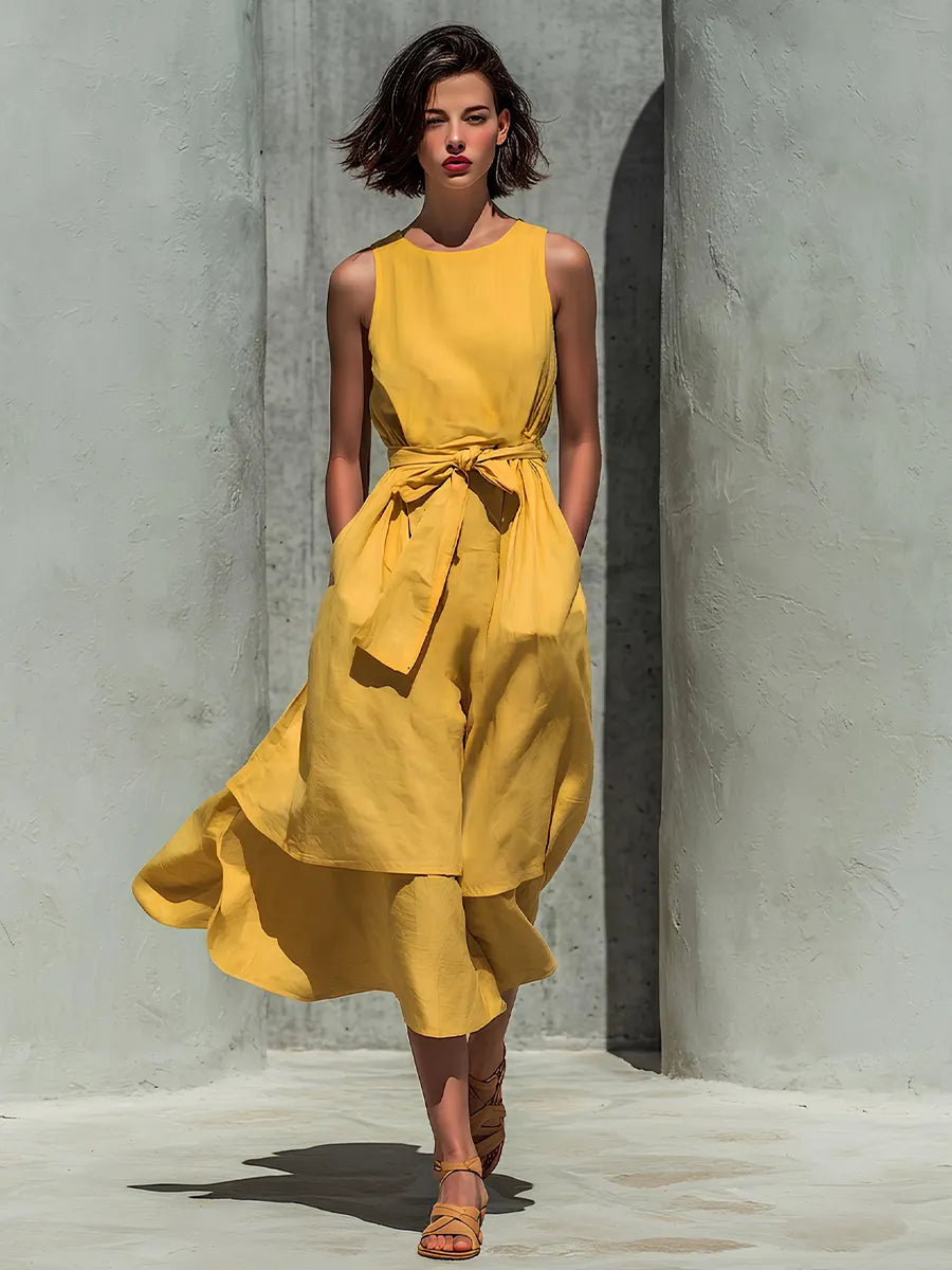 Women’s Yellow Linen-Blend Sleeveless Round Neck Belted Layered Midi Dress MDZ2466D4T