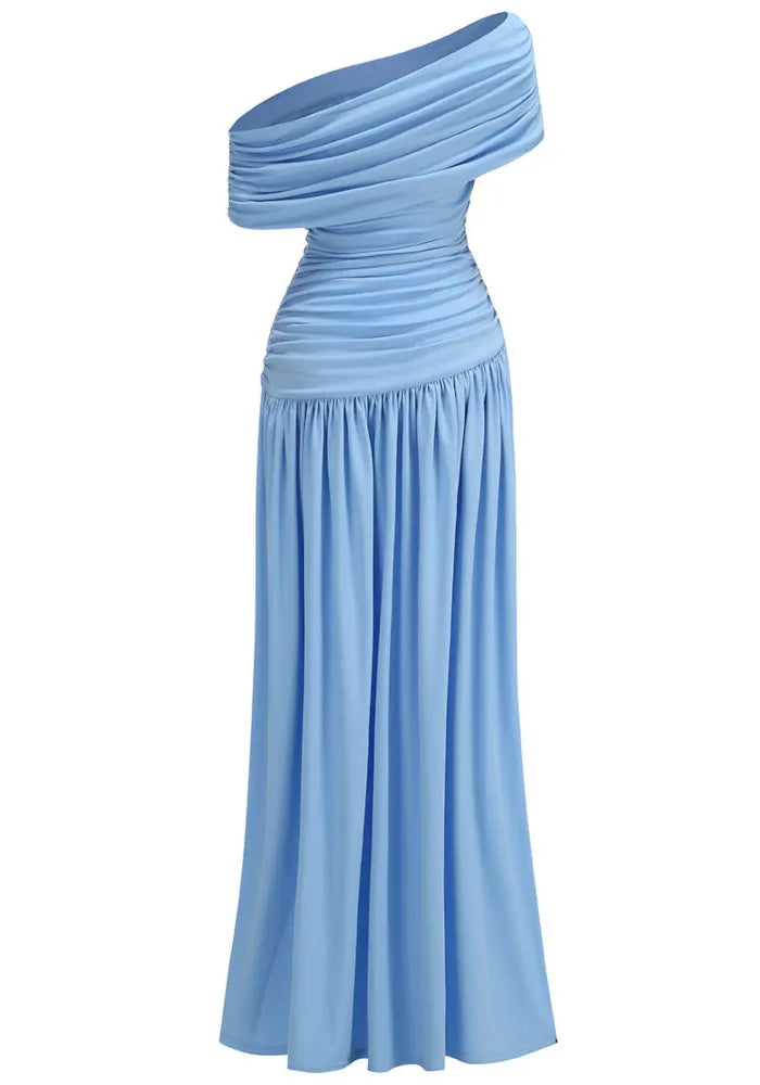 Draped Bardot A Line Maxi Dress Blue