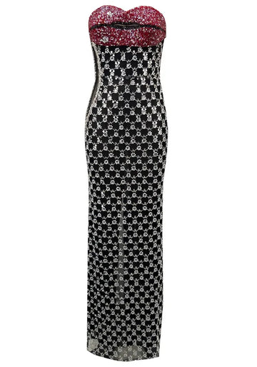 Strapless Crystal Lips Maxi Dress Red Black