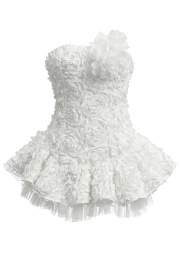 Strapless Floral Mesh A Line Dress White