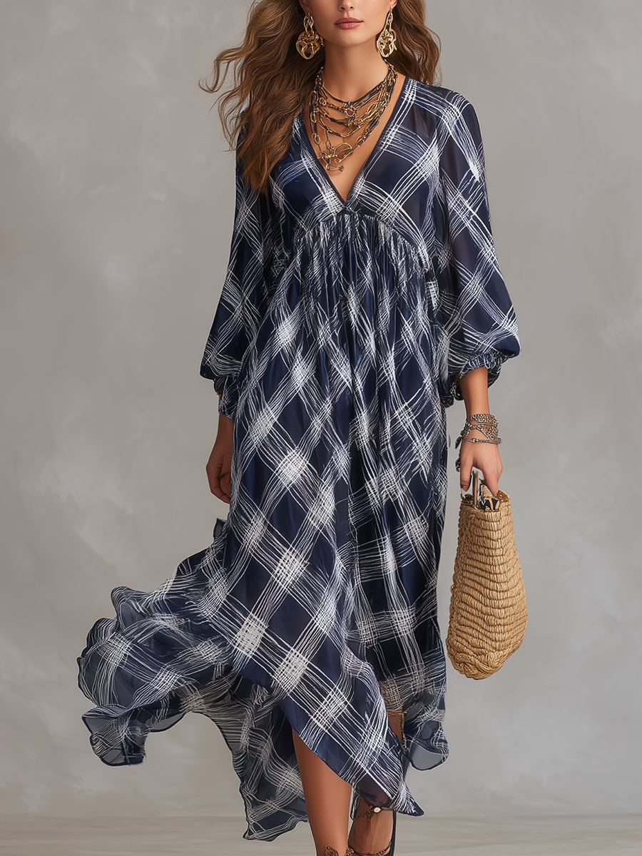 French Style Relaxed Navy Blue Plaid Flowing Maxi Dress