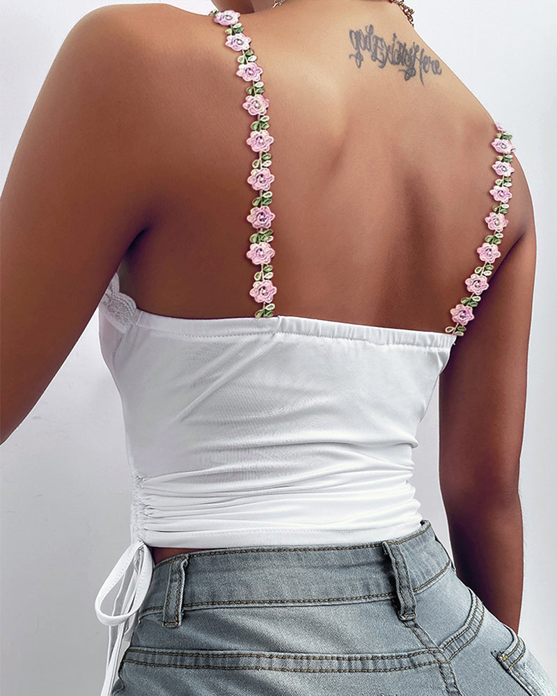 CHICME Women's Sleeveless Lace Cami Top Floral Straps Ruched Drawstring Side Backless Crop Top