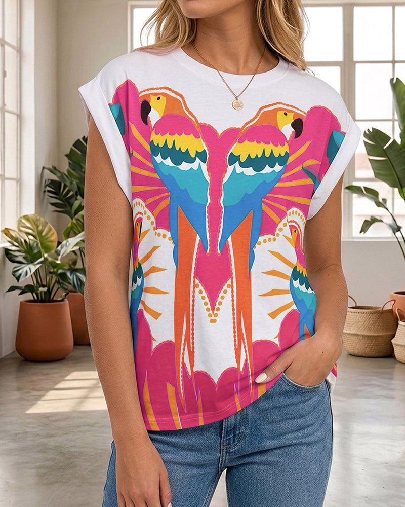 Colorblock Parrots Print O-neck Short Sleeve Tee Casual Rolled Cuffs Top