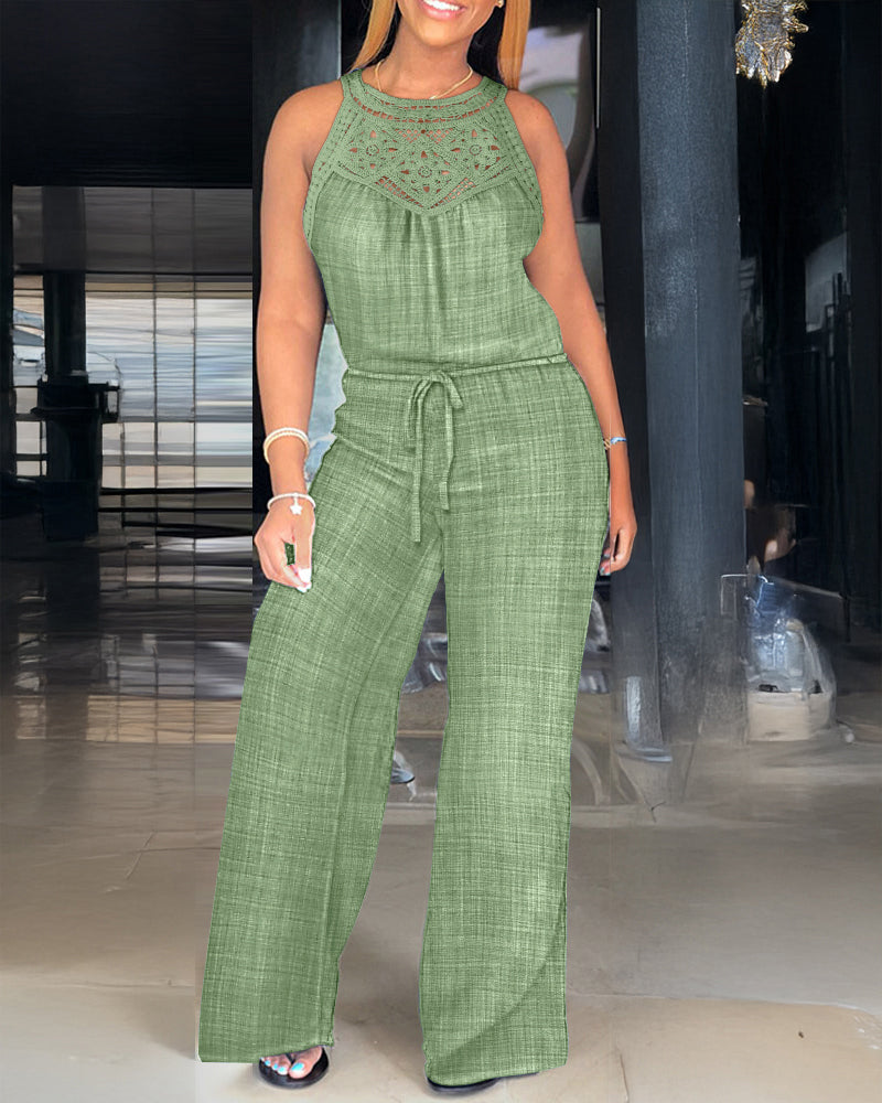 Women's Halter Jumpsuit Lace Trim Backless Overalls Tied Detail Wide Leg Jumpsuit with Pockets