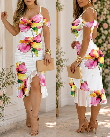 CHICME Women's Watercolor Floral Print Mesh Ruffle Hem Dress Adjustable Pearl Strap Cowl Neck Slit Bodycon Dress