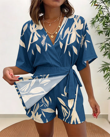 Women's Tropical Plant Print Romper Casual V-Neck Wrap Knot Side Skorts Romper Batwing Sleeve Short Jumpsuit