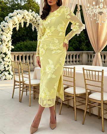 Women's 3D Floral Embroidered Mesh Midi Dress Sexy Sheer Long Sleeve Bodycon Dress Elegant Slit Cocktail Party Gown