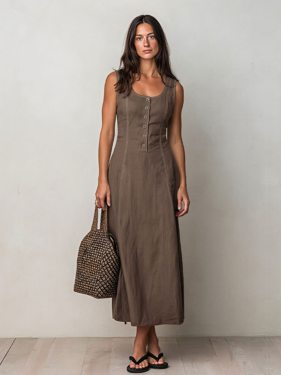 Women's Brown Linen-Blend Midi Dress With Contrast Stitch & Button Front, Timeless Casual Everyday Dress MDZ2700D0LYL